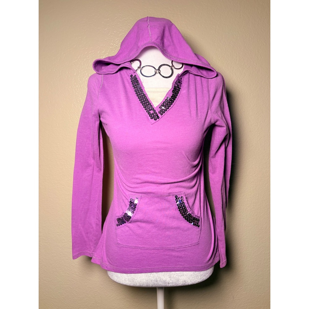 Y2K Canyon River Blues Purple Sequin Hoodie Long Sleeve Pullover Medium #9